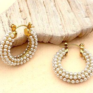ROWS AND ROWS OF TINY WHITE PEARLS MEDIUM SIZE HOOP EARRING